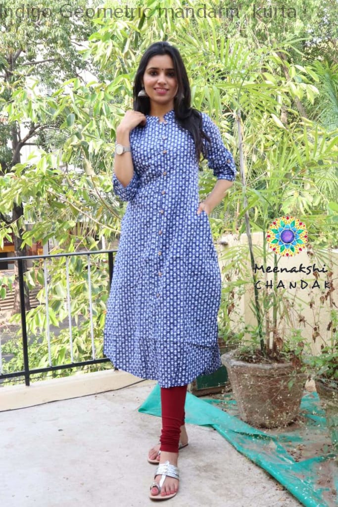 Indigo Geometric Mandarin Kurta Kurtas