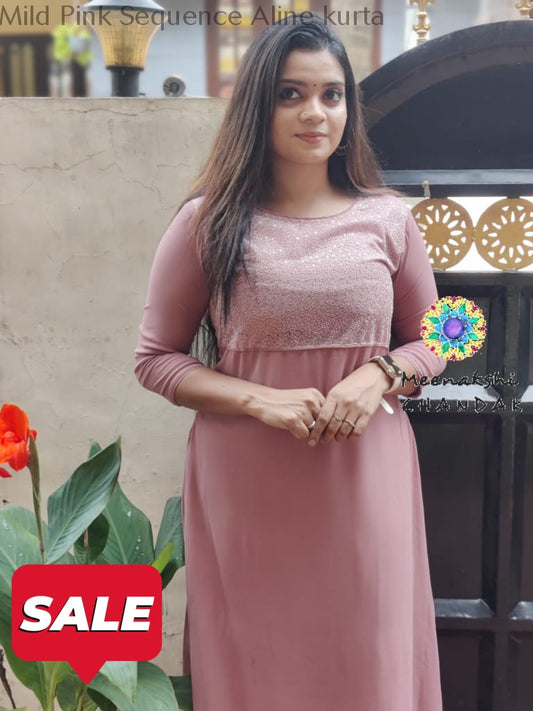 Mild Pink Sequence Aline Kurta Small Kurtas