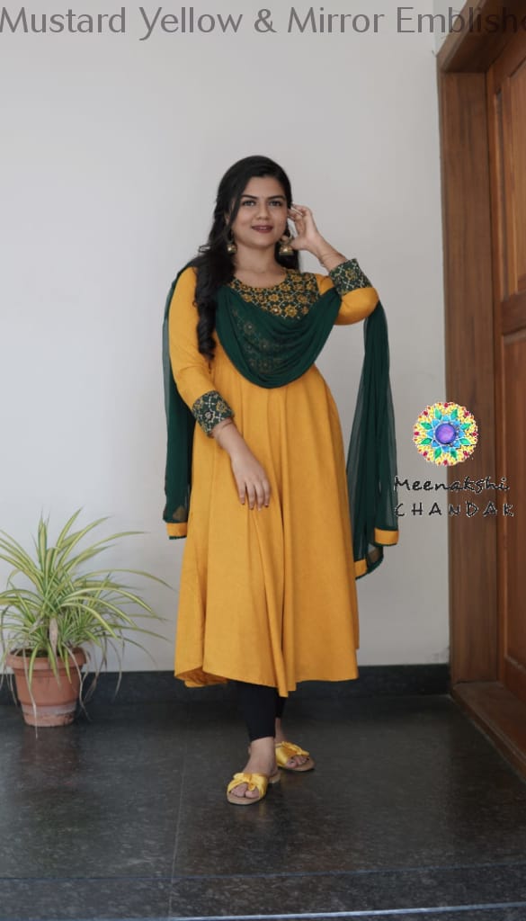 Mustard Yellow & Mirror Emblished Solid Anarkali Sets