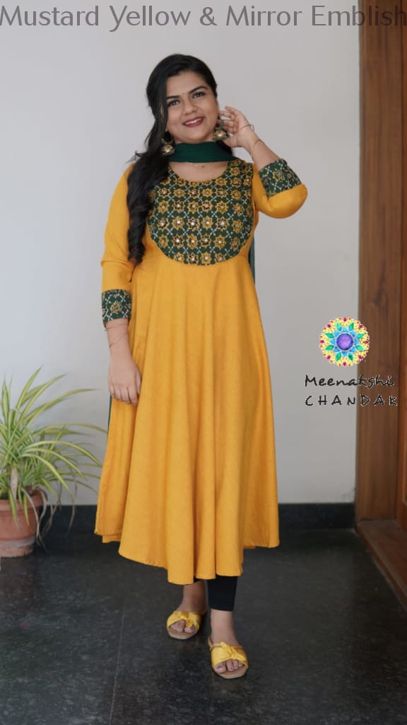 Mustard Yellow & Mirror Emblished Solid Anarkali Sets