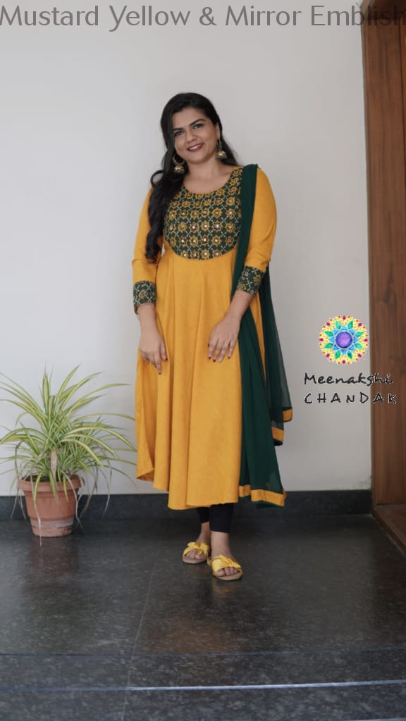 Mustard Yellow & Mirror Emblished Solid Anarkali Sets