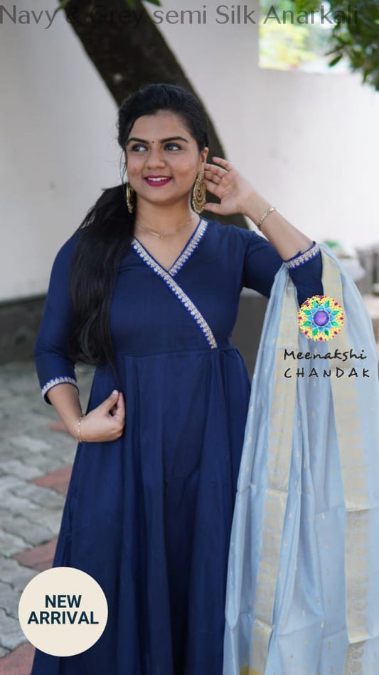 Navy & Grey Semi Silk Anarkali Sets