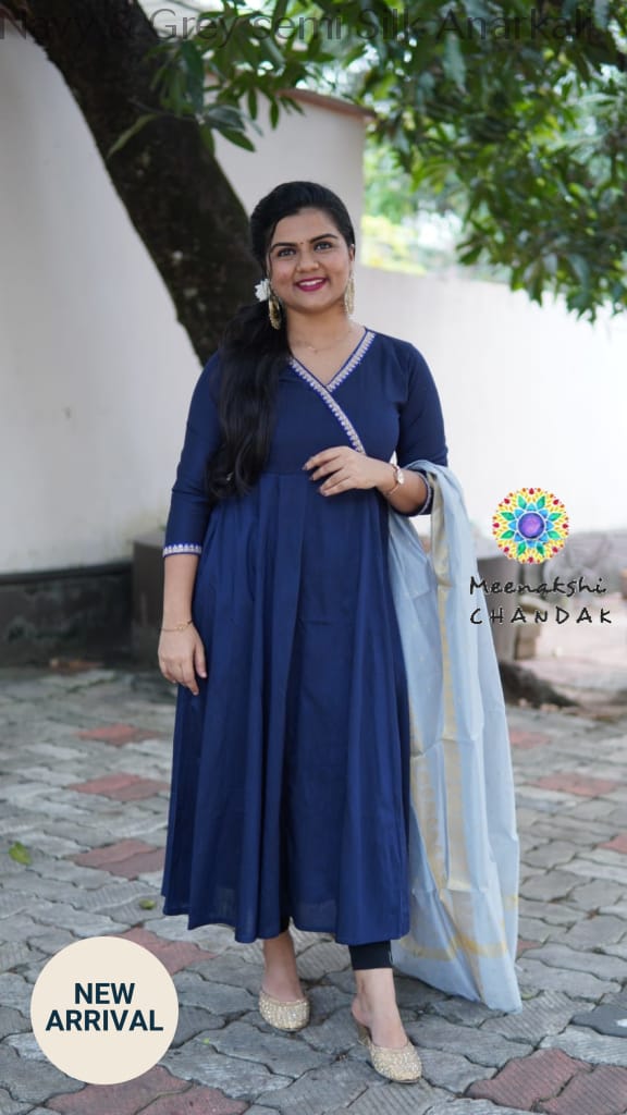 Navy & Grey Semi Silk Anarkali Sets