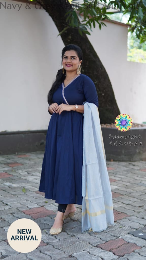 Navy & Grey Semi Silk Anarkali Sets