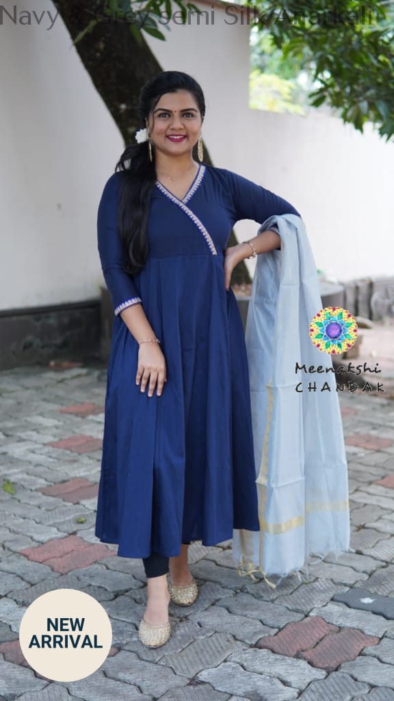 Navy & Grey Semi Silk Anarkali Sets