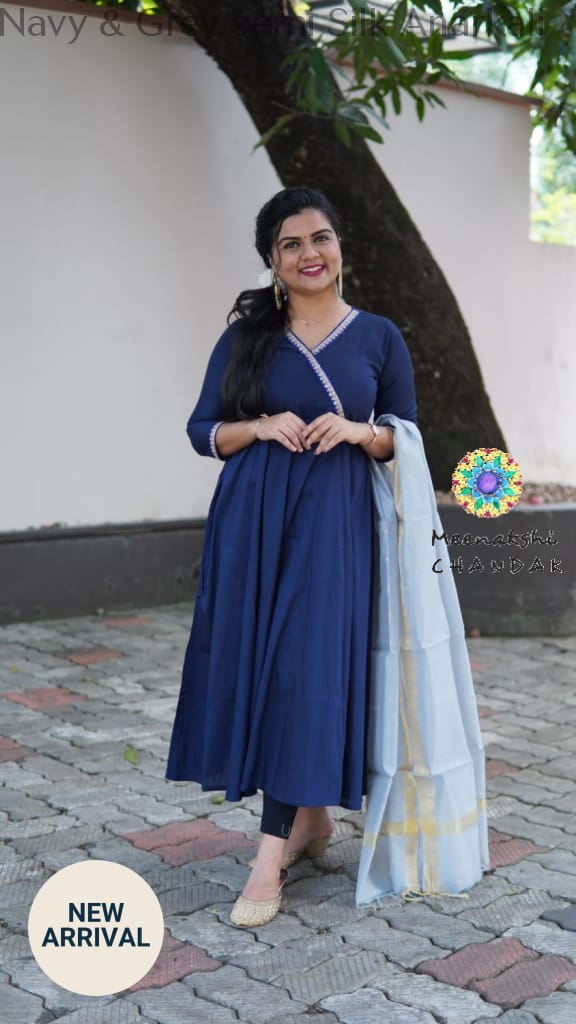 Navy & Grey Semi Silk Anarkali Sets