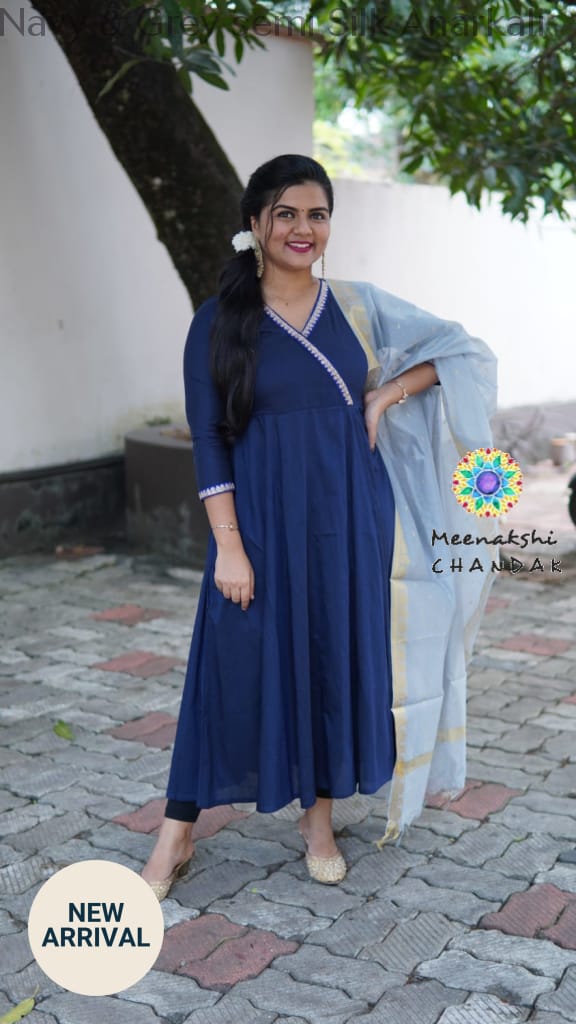 Navy & Grey Semi Silk Anarkali Sets