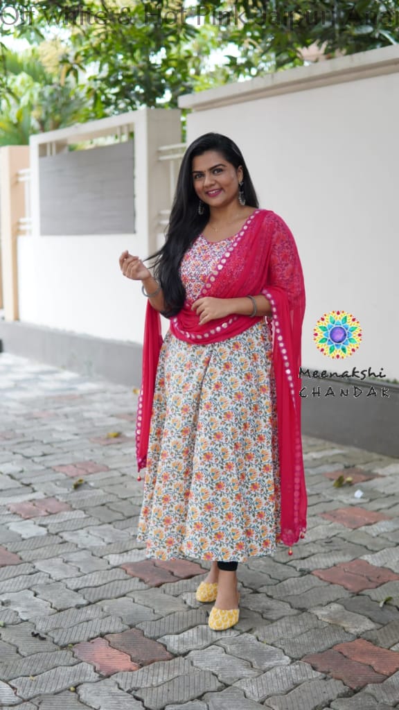 Off White & Hot Pink Jaipuri Anarkali Sets