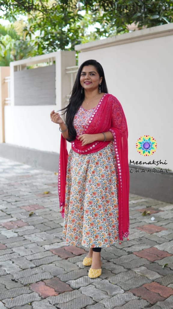 Off White & Hot Pink Jaipuri Anarkali Sets