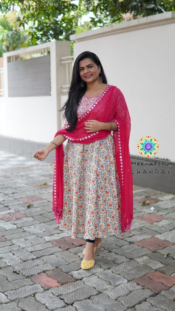 Off White & Hot Pink Jaipuri Anarkali Sets