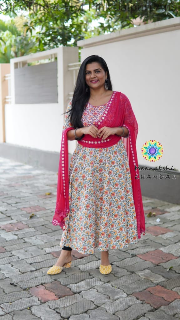 Off White & Hot Pink Jaipuri Anarkali Sets