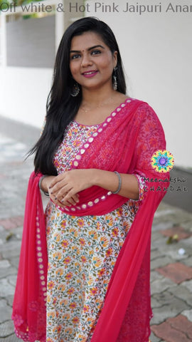 Off White & Hot Pink Jaipuri Anarkali Small Sets