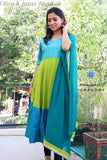 Olive & Aqua Anarkali With Dupatta Sets