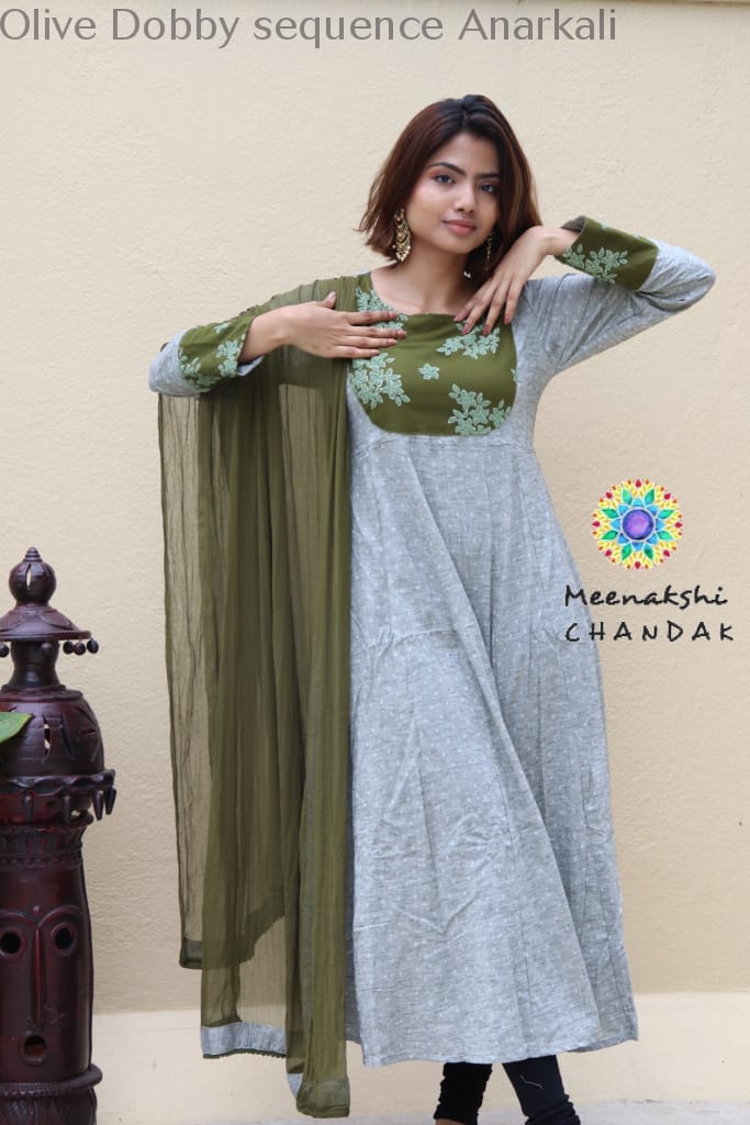 Olive Dobby Sequence Anarkali Limited Edition