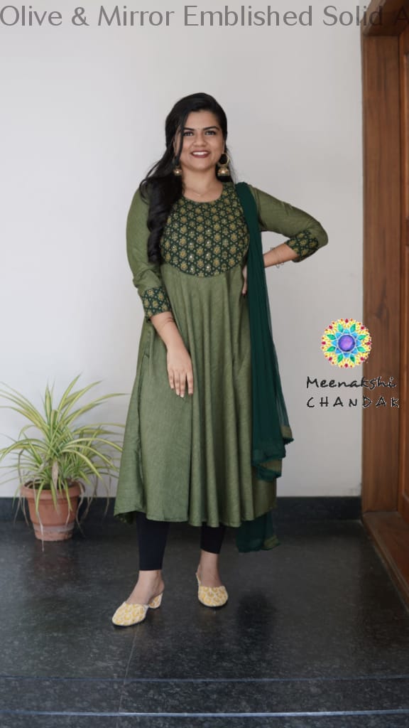 Olive & Mirror Emblished Solid Anarkali Sets