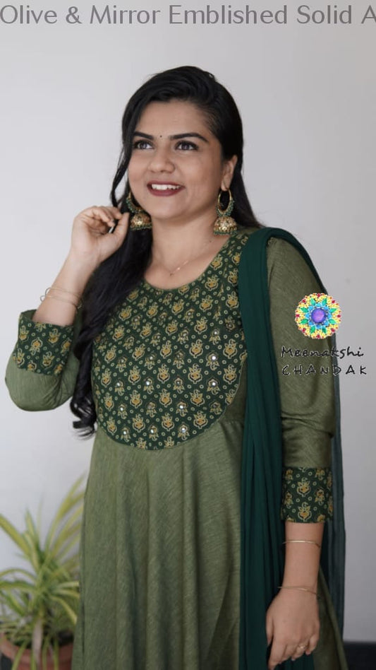 Olive & Mirror Emblished Solid Anarkali Sets