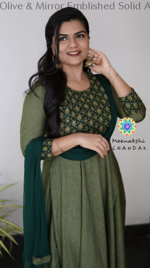 Olive & Mirror Emblished Solid Anarkali Small Sets