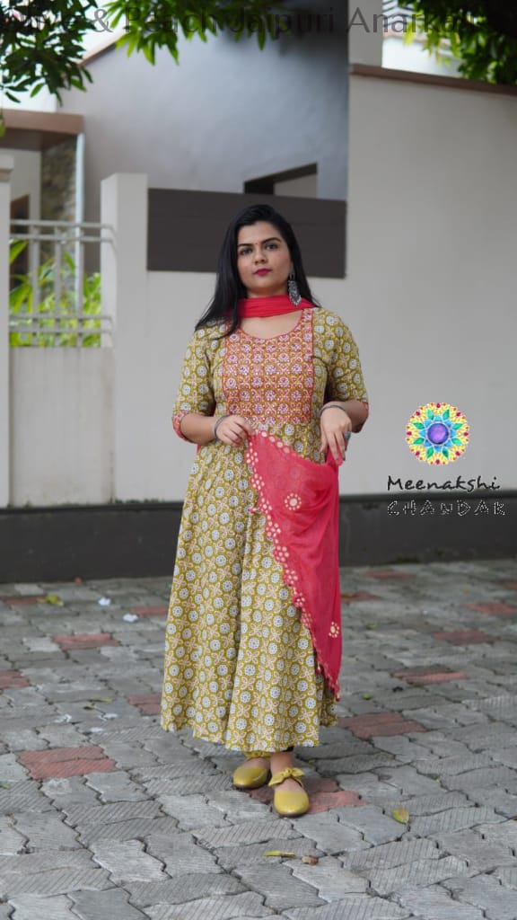 Olive & Peach Jaipuri Anarkali Sets