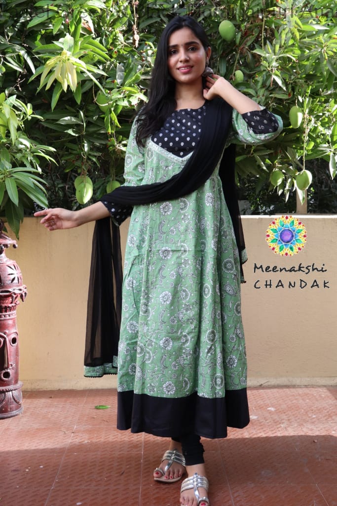 Pastel Green & Black Floral Jaipuri Anarkali Sets