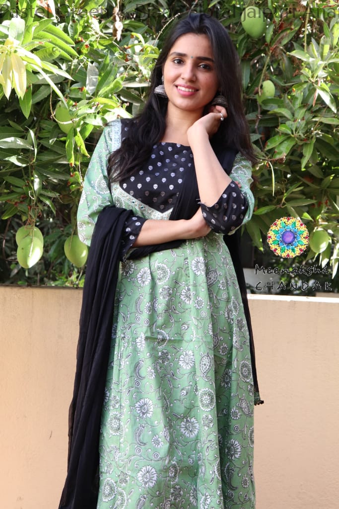 Pastel Green & Black Floral Jaipuri Anarkali Sets