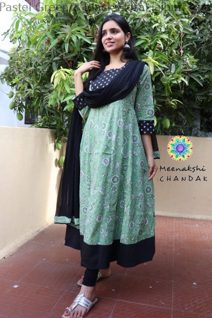 Pastel Green & Black Floral Jaipuri Anarkali Sets