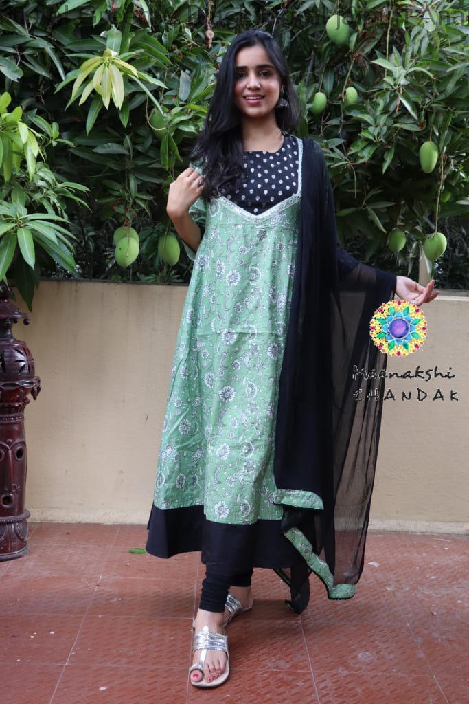 Pastel Green & Black Floral Jaipuri Anarkali Sets