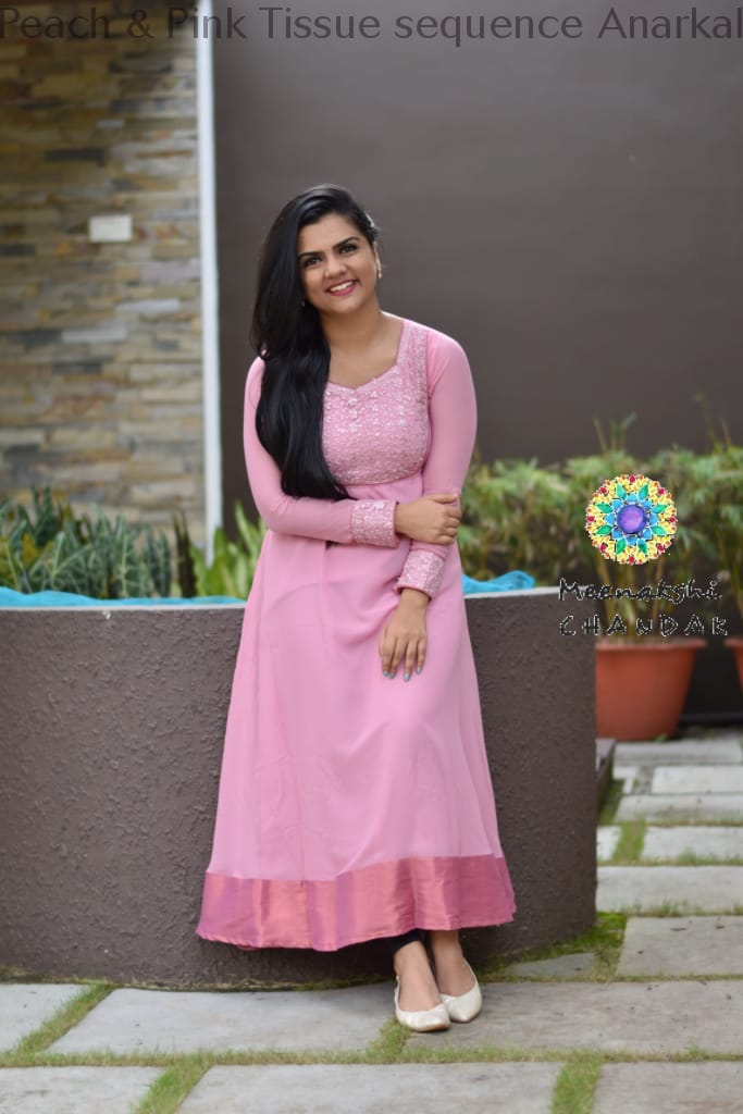 Peach & Pink Tissue Sequence Anarkali Ethnic