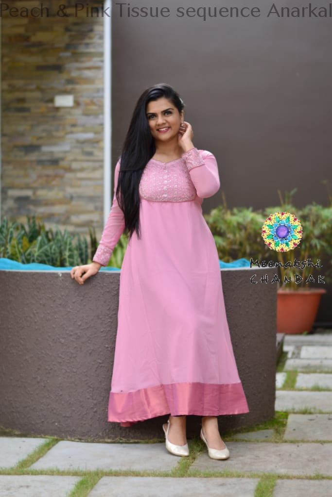 Peach & Pink Tissue Sequence Anarkali Ethnic