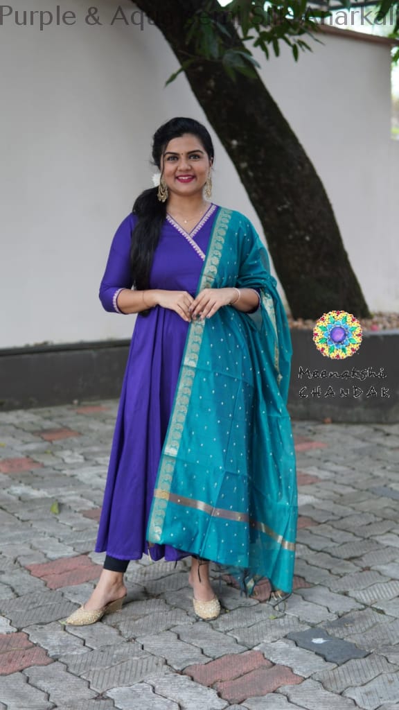 Purple & Aqua Semi Silk Anarkali Sets