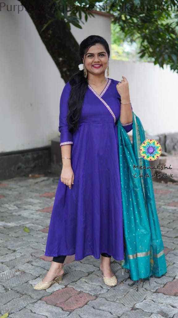 Purple & Aqua Semi Silk Anarkali Sets