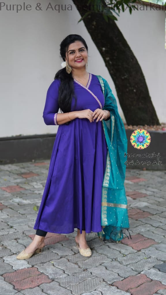 Purple & Aqua Semi Silk Anarkali Sets