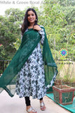 White & Green Floral Anarkali With Dupatta Sets