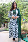 White & Green Floral Anarkali With Dupatta Sets