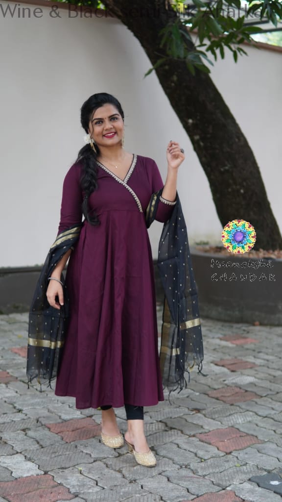 Wine & Black Semi Silk Anarkali Sets