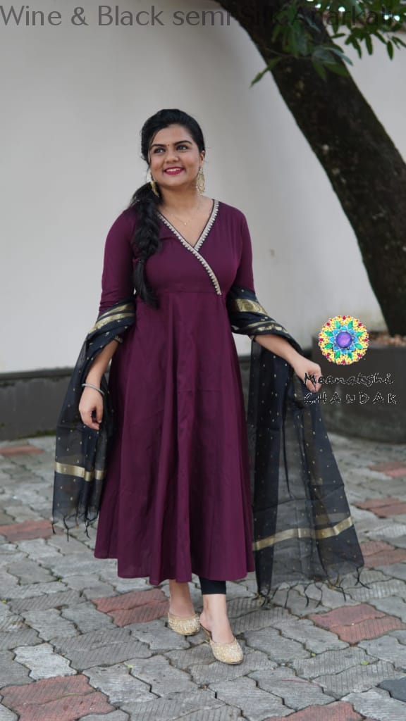 Wine & Black Semi Silk Anarkali Sets