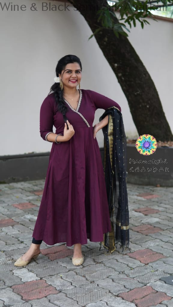 Wine & Black Semi Silk Anarkali Sets