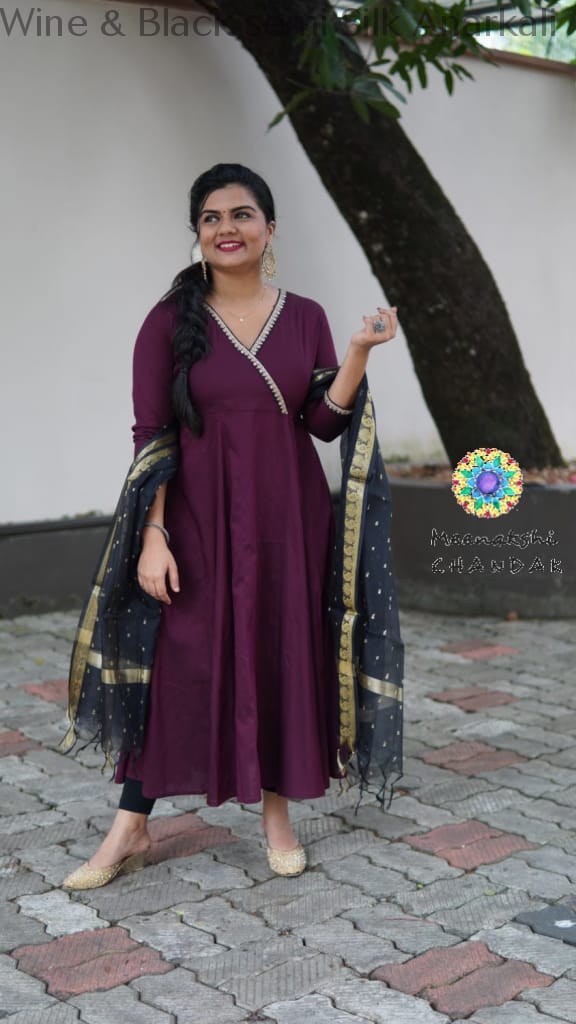 Wine & Black Semi Silk Anarkali Sets