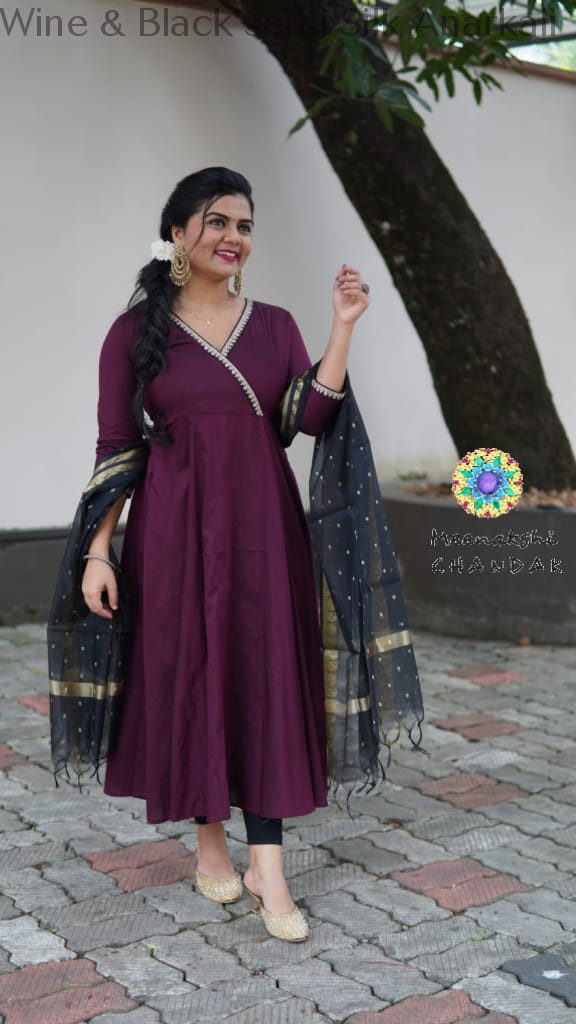 Wine & Black Semi Silk Anarkali Sets