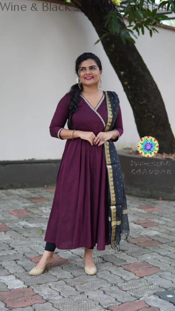 Wine & Black Semi Silk Anarkali Sets