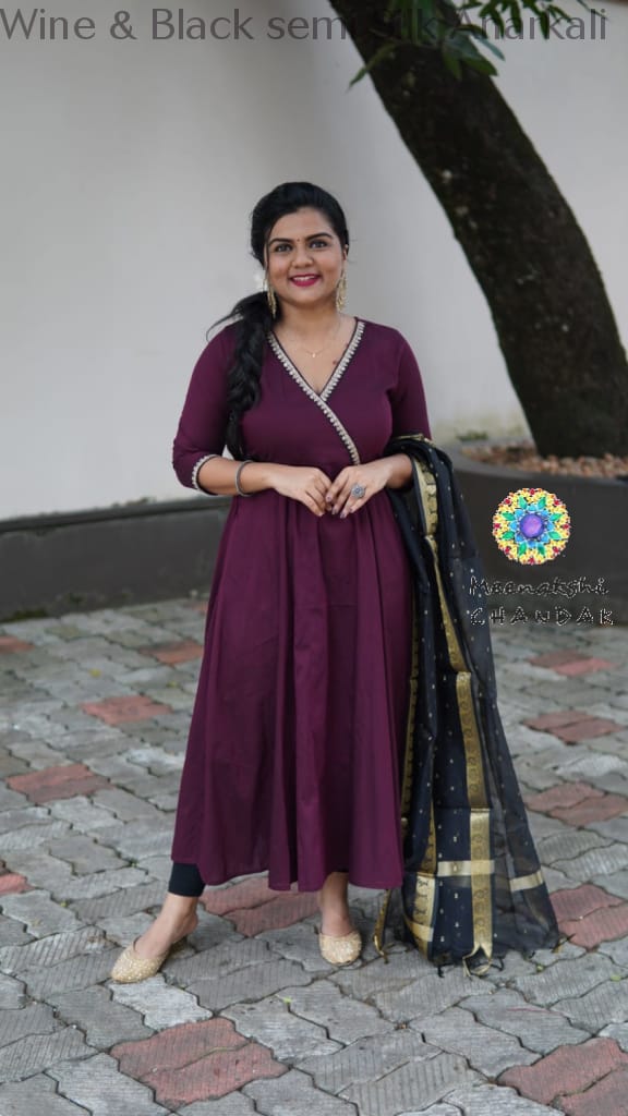 Wine & Black Semi Silk Anarkali Sets