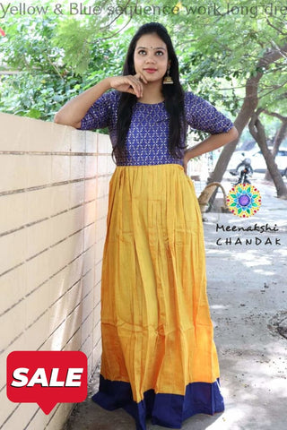 Yellow & Blue Sequence Work Long Dress S Ethnic