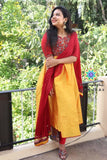 Yellow & Red Kalamkari Anarkali S Sets